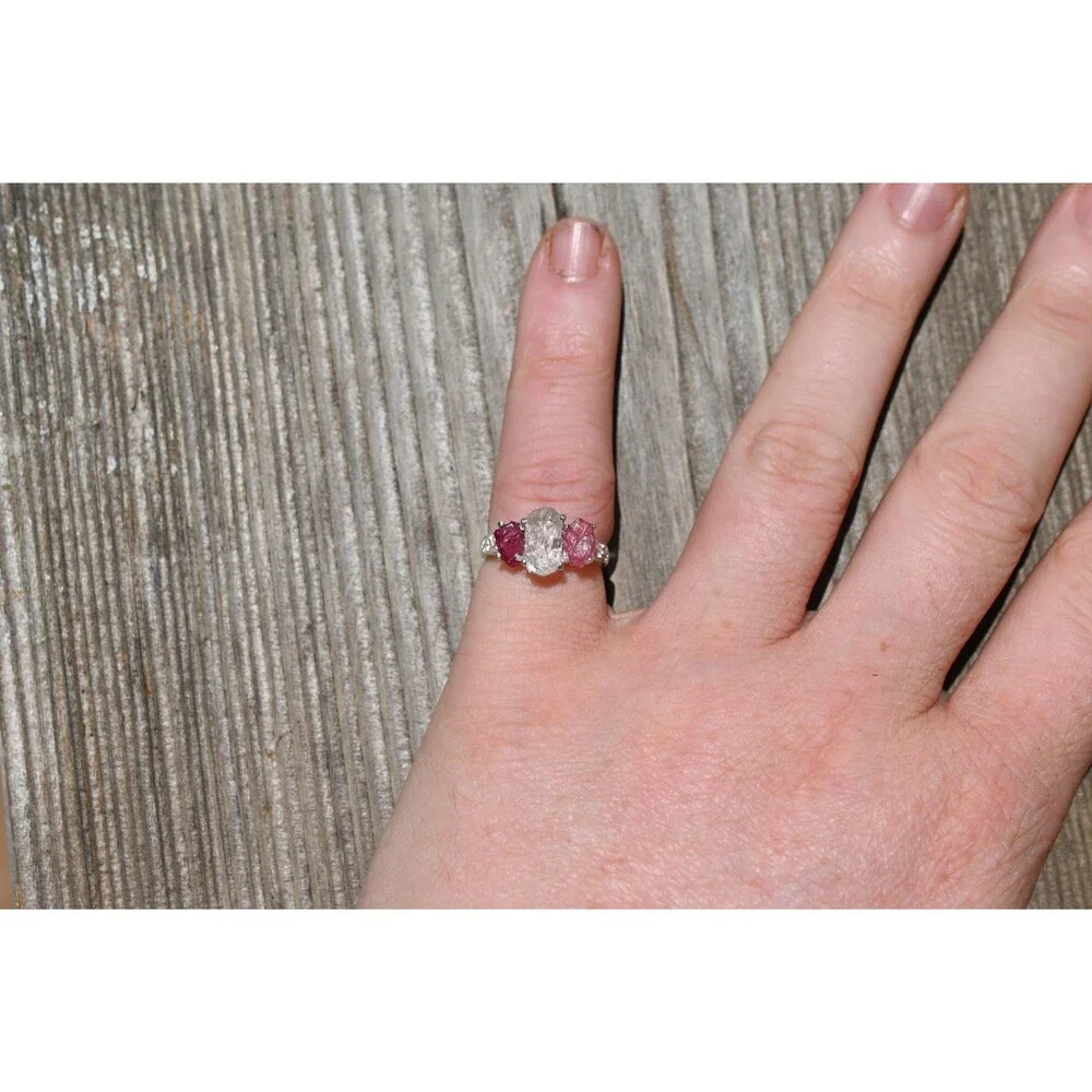 Engagement ring Raw Crystal  with Pink Tourmaline and Quartz Handmade Silver Thr
